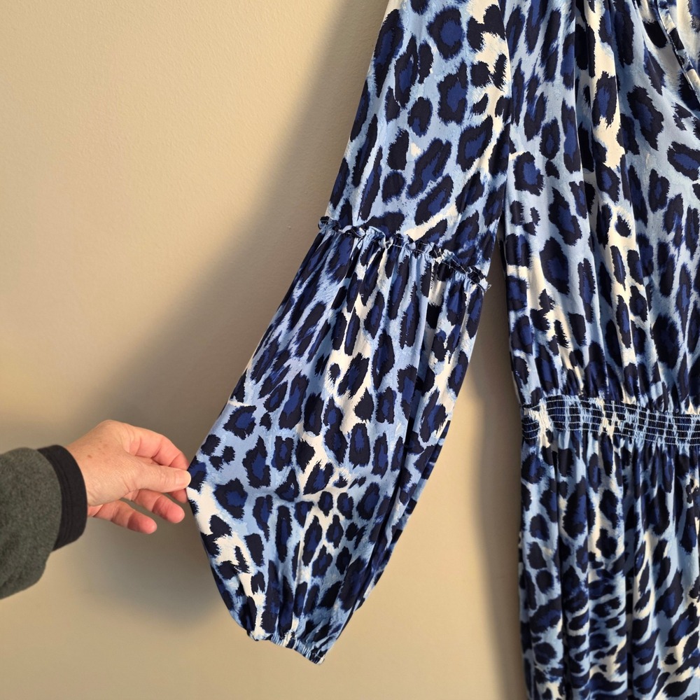 Crown & Ivy Dress Womens Small Blue Leopard Print Long Balloon Sleeve Mini Boho - Picture 4 of 12